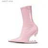 Boots American New Knitted Lacquer Leather Women's Short Boots Fashion Pointed Side Zipper Teeth High Heel Ankle Boots T231106