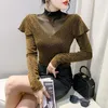 Kvinnors T -skjortor 2023 Autumn Long Sleeved Elegant Slim Solid Color Patchwork Ruffles Mesh Tops Blusas