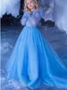 Abiti da ragazza Blu Elegante Tulle Piuma Fiore Abito Compleanno per bambini Maniche lunghe Appliques Principessa per abiti da ballo da sera da sposa