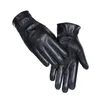 5本の指の手袋メンズ本物の革の本物のシープスキンブラックボタンウールライニング冬の暖かいミトン