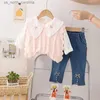 Giyim Setleri Kazak Yelek için Sonbahar Takım Kıyısı+Beyaz Nakış Tişörtleri Kızlar için+Kot PCS Set Güzel Bebek Kız Giysileri Çocuk Giysileri R231106