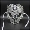 Parti Maskeleri Toptan- Siyah FL Yüz Skl Erkekler Kadın Metal Lazer Kesme Sier Masquerade Altın Kırmızı Top Rhinestone Balo Venedik Maske Drop Dhqjt