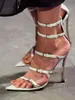 Damer Sandaler Real Leather Stiletto High Heel Point Peep Toe Piller Buckle Gladiator Satin Shoes Party Ankel St