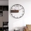 Horloge murale en fer grande taille 3D nordique en métal rond grande montre murale noyer Pionter horloges modernes décoration pour la maison salon