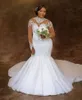 2024 Robe de mariée sirène en cristal pour la mariée col haut manches longues illusion dentelle appliques robes de mariée civile africaine plus taille robes de mariée