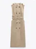 الفساتين غير الرسمية RR2453 TRENCH COAT GABARDINE WOMENS O NECK SLEEVELESS MIDI فستان أنثى زر مزدوج الصدر تثبيت طويل