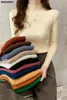 女性のセーター女性半分高い襟のセーター秋のファッションプルオーバーエラスティックニットレディースジャンパーカジュアルソリッドブラックメスベーシック