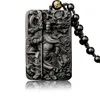 Natural Obsidian Pendant with Beads Chain Dragon Guan Gong Guan Yu Hold Broadsword Knight Pendant Necklace for Men women Jewelry 22869