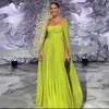 Manga del cabo Cuello cuadrado Vestidos de noche Amarillo limón Una línea Vestido formal Gasa Hasta el suelo Vestido para ocasiones especiales para mujer con abrigo