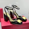 Сандалии на массивном каблуке Модельерская обувь с золотой пряжкой, украшением Женские туфли из лакированной кожи на высоком каблуке 9 см, дизайнерские сандалии-гладиаторы 35-41 с коробкой