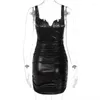 Casual Dresses Sexy Diamonds V-neck Tight Mini Dress Faux Leather Women 2023 Summer Spaghetti Strap Ruched Ladies Backless Party