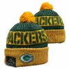 Homens de malha com punhos pom verde gorros bay gb bobble chapéus esporte chapéu de malha listrado lã lateral quente gorros de beisebol boné para mulher a6