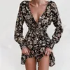 Robes décontractées imprimé floral sexy col en V à manches longues printemps été taille haute cravate robe élégante mode à lacets mini femmes