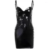 Abiti casual Spagehetti Strap Wet Look PVC Profondo scollo a V Vestido Pizzo Abito trasparente Stretto lucido PU Pelle Minifalda Sexy Clubwear Body