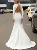Klassisk sjöjungfru Satin Wedding Dress 2024 V Neck Backless Full Sleeve Golvlängd Sökad Simple Brudklänningar Vestidos de Novia Civil