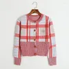 Frauen Strick Luxus Winter Kleidung Frauen Runway Designer Oansatz Langarm Top Mujer 2023 Vintage Rosa Plaid Pull Femme Hiver