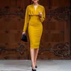 Sukienki swobodne 2023 Spring damskie żółte seksowne seksowne głębokie v długie rękaw Elegancki damski biuro sukienka moda kobieta