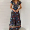 Casual Dresses Summer Boho Waist Slit Maxi Dress European Printed Holiday Beach Fashion V-Neck Bohemian For Weekend Vacation