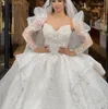 Luxury Ball Gown Wedding Dresses Long Sleeves V Neck Sequins Appliques Ruffles Bridal Gowns Diamonds Pearls Formal Dress Plus Size Custom Made Vestido de novia