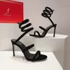 Rene Caovilla Sandálias Mulheres 9.5cm Designer de Luxo Sapatos de Vestido Cobra Envolto Tornozelo Dedo Aberto sapatos de casamento Casual Laca Couro Sapato de Festa