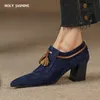 Kleding schoenen lente dames schoenen puntig teen dikke hiel dames pompen schapen suède hoge hakken riem gespog schoenen voor vrouwen zapatos de mujer 230404