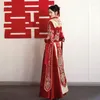 Etnische kleding Traditionele dames rood satijn pailletten Kralen trouwjurk Retro Chinese stijl Trouwen Phoenix borduurwerk Cheongsam