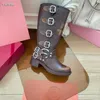 Winter Harness Belt Buckled cowhide leather Biker Knee Boots chunky heel zip Knight boots Fashion square toe Ankle Booties for women luxury designer shoes