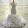 2024 African Organza Lace Up Wedding Dress Off Shoulder Handwork Beading Ruffle Mermaid Bridal Gown Customed Vestidos De Noiva