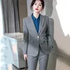 Frauen Zweiteilige Hosen Hohe Qualität Damen Frauen Winter Grau Karierten Hosenanzug Für Büro Business Arbeit Weibliche Set Blazer und Hose