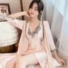 Sleepwear Woman Summer Short-Sleeve Silk Thin Satin Pamas Suspenders Nightdress Robe 2 Piece Set Female Lace Nightwear