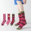 Chaussettes en coton à rayures Magenta pour femmes, 3 paires/lot, Tube central pour étiquette couleur Patchwork rétro mode fille, automne hiver