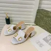 Fashion Classic Luxury Designer Women Slippers Bright Lacquer Leather Thick Heels Metal Woman Shoe Beach Lazy Sandals High Heeled Shoes