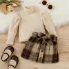 Conjuntos de roupas criança menina outono roupas conjunto bebê sólido manga longa gola alta impressão a-line saia com cinto crianças outfit r231106