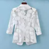 Women's Suits Lapel Collar Women Summer Stylish 3/4 Sleeve Hollow See-through Flower Mesh Yarn Stitching One Button Pockets Suit