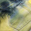 Pantalones vaqueros rasgados pintados de amarillo para Retro Azul, pantalones vaqueros elásticos ajustados para hombre, ropa de calle informal recta Punk de cintura media para otoño