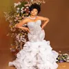 2023 nov Arabiska aso ebi plus storlek Mermaid White Wedding Dress Pärlor Tiers Organza Bridal Gowns Dresses ZJ302