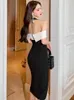 Casual Dresses Summer Evening Women Elegant Sexy Black White Panelled Halter Off Shoulder Slit Diamond Pearl Robe Party Feast Vestidos