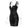 Casual Dresses Sexy Diamonds V-neck Tight Mini Dress Faux Leather Women 2023 Summer Spaghetti Strap Ruched Ladies Backless Party