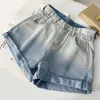 Women's Shorts Vintage Gradient Denim Shorts Women Summer High Waist Slimming Pink Short Jeans Colorful Casual Wide Leg Flanging Shorts 230503