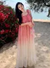 Casual Dresses Beach Festival Sweet Pink Gradient Loose Fairy Dress Women Party ärmlös broderi Slip Ladies Summer Robe Elegant