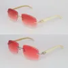 Metall Rimless Carved Lens Luxury Solglasögon för kvinnor Unisex Square T8200762 Vit äkta Buffalo Horn Sun Glasses Male and Female 18k Gold Eyewear With Box UV400