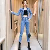 Women's Two Piece Pants Women 2023 Spring Autumn Denim Set Jeans Suit Female Long Sleeve Jacket Crop Top & 2 Outfits Sets B194Women's