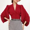 Women's T Shirts Autumn Winter Short-cut Navel Chiffon Shirt V-neck French Long-sleeved Commuter