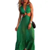 Robes Décontractées Mode Femmes Sexy Plage Style Bohème Maille Évider Sans Manches Halter Transparent VERT Maxi Longue Robe D'été Plus La Taille