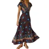 Casual Dresses Summer Boho Waist Slit Maxi Dress European Printed Holiday Beach Fashion V-Neck Bohemian For Weekend Vacation