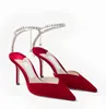 Saeda Sandália Salto Alto Stiletto Cadeia de Cristal Verão Preto Branco Vestido Sapatos Mulheres Couro Cetim Rosa Vermelho Prata Ouro Bombas Senhora Casamento Festa Sapato Q1NA #