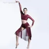 Abbigliamento da palcoscenico Top e gonna da ballo a maniche lunghe in rete 2 in 1 Performance di costumi lirici contemporanei per balletto 19600