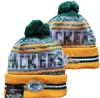 Homens de malha com punhos pom verde gorros bay gb bobble chapéus esporte chapéu de malha listrado lã lateral quente gorros de beisebol boné para mulher a14