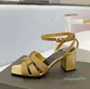 Sandalen Strass Leder High Heel Karree Kreuz dünnes Band klassischer Designer 6,5 cm dicker Absatz Sommer Opentoe grünes Damenkleid Knöchelband 34-42 Gürtelbox