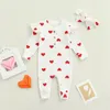 Barboteuses Infantile Bébé Filles Twopiece Vêtements Ensemble Coeur Imprimer À Manches Longues Ras Du Cou Barboteuse Et Noeud Noeud Coiffe Rose Blanc 230406